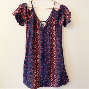 Belle Du Jour Bohemian Cold Shoulder Dress Navy Blue Maroon size S